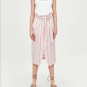 Zara TRF S faux wrap pink striped coquette paper bag skirt w/ pockets linen pink
